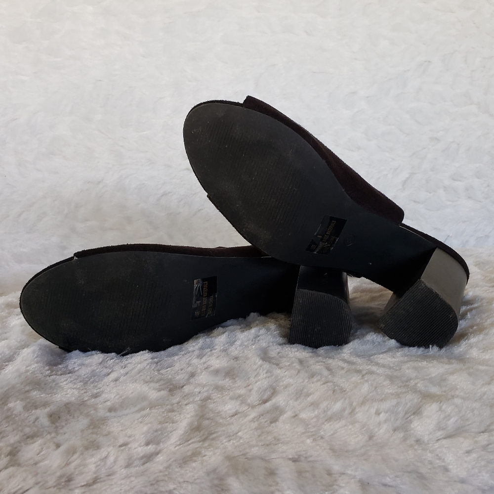 Faux Suede Black Peep Toe Block Heel Mule - Picture 8 of 10
